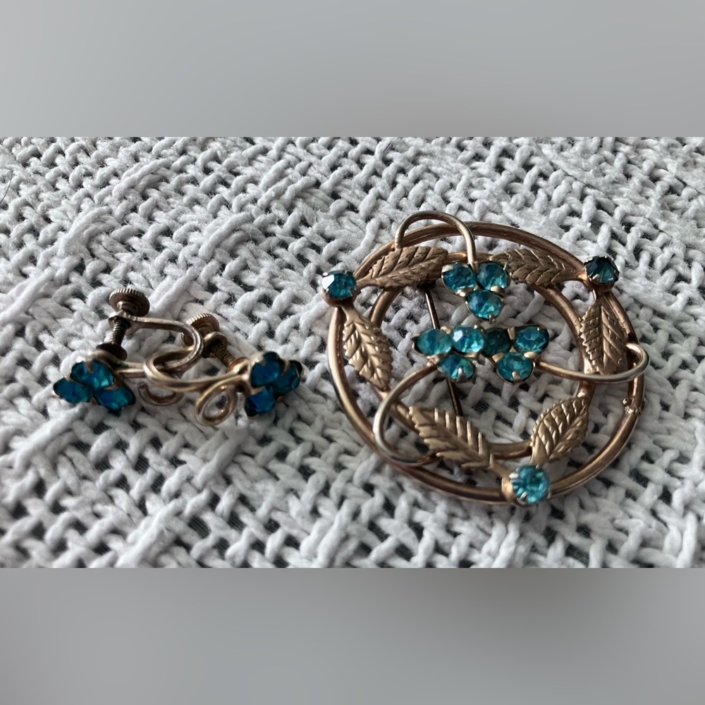 Vintage Flower Leaf Circle Brooch with matching screw back earrings